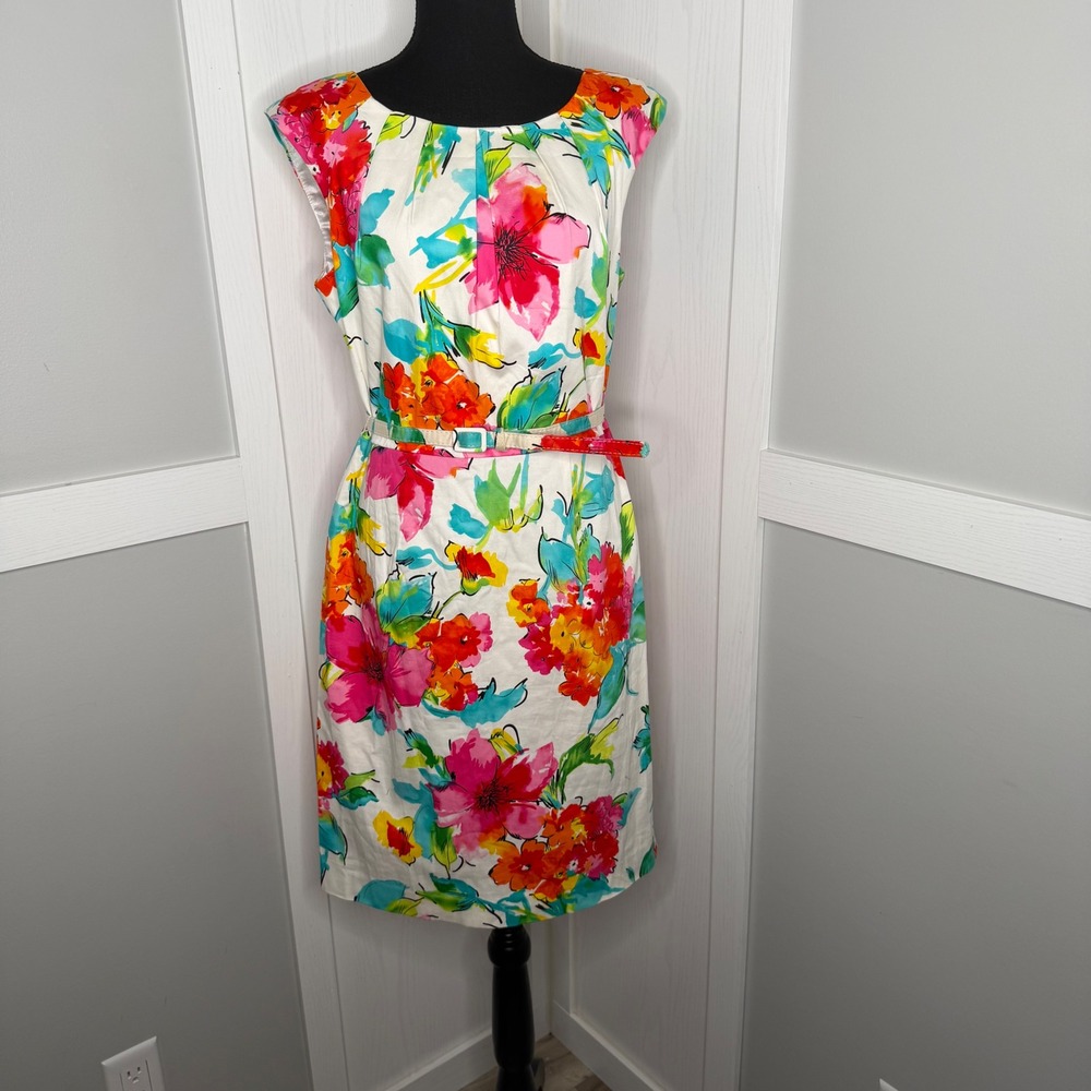 Spense Sheath Dress Womens Size 8 White Multi Floral Belted Pleated Neck RN73163